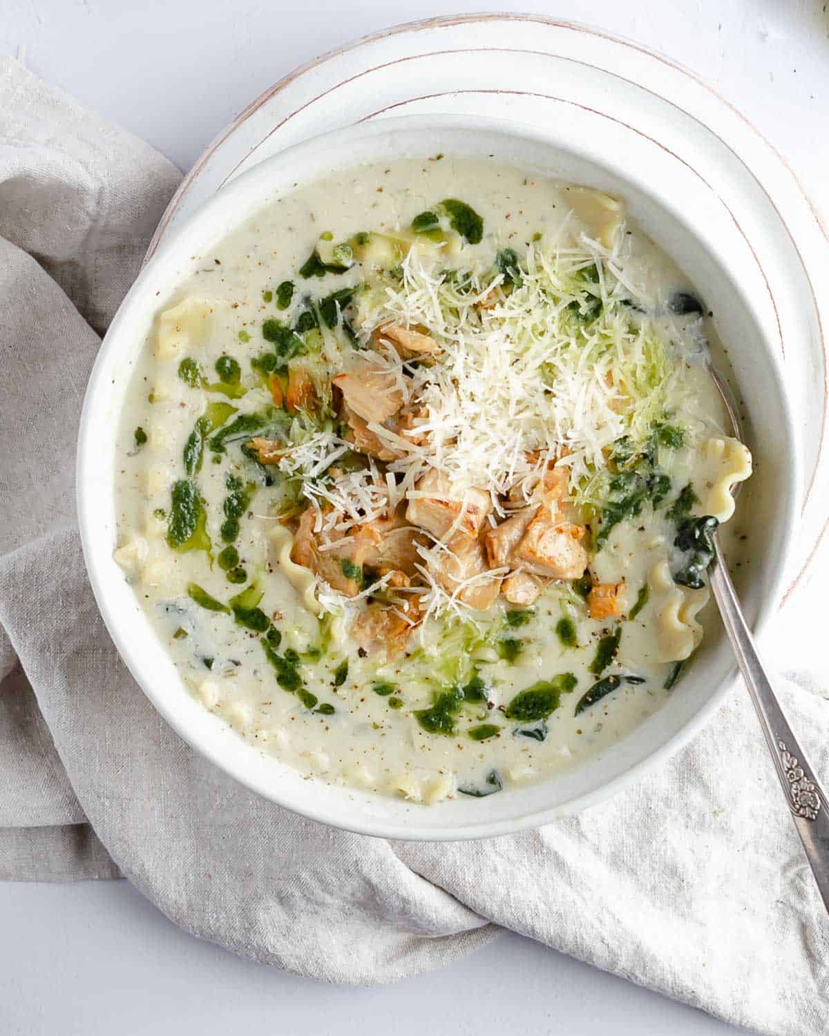 Vegan White Lasagna Soup with Chicken and Pesto Oil - MN Veg Head